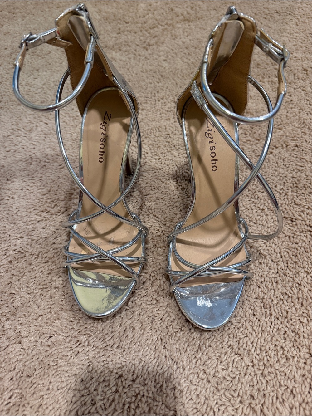 Zigi Soho Metallic Silver Strappy Ankle-Heel Sandals
